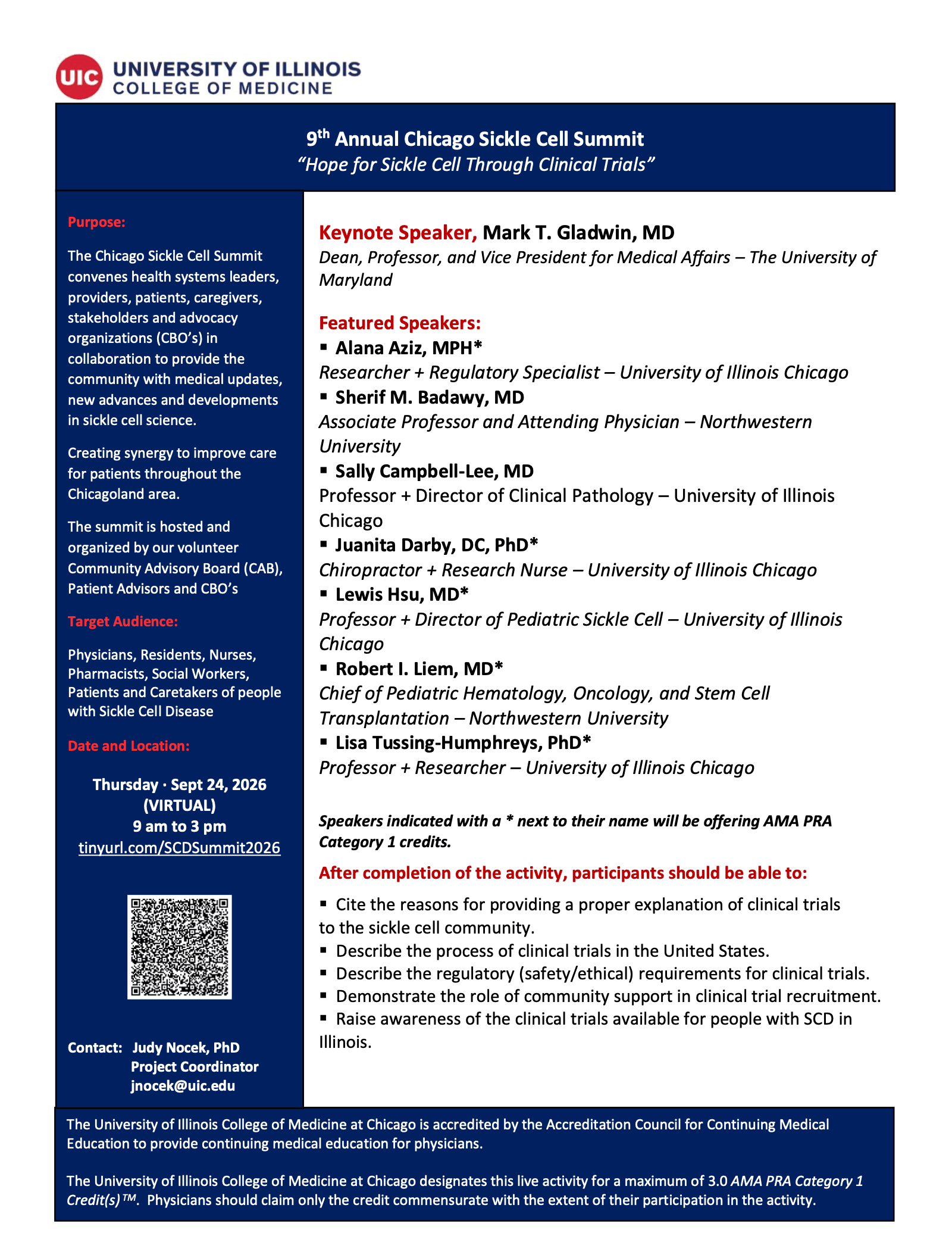 Flyer for the 9th Annual Chicago Sickle Cell Summit, 'Hope for Sickle Cell Through Clinical Trials,' a virtual event on Thursday, September 24, 2026, 9 am to 3 pm.